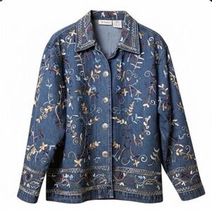 Units Vintage Embroidered Denim Jacket Women's L Blue Floral Boho Button Front